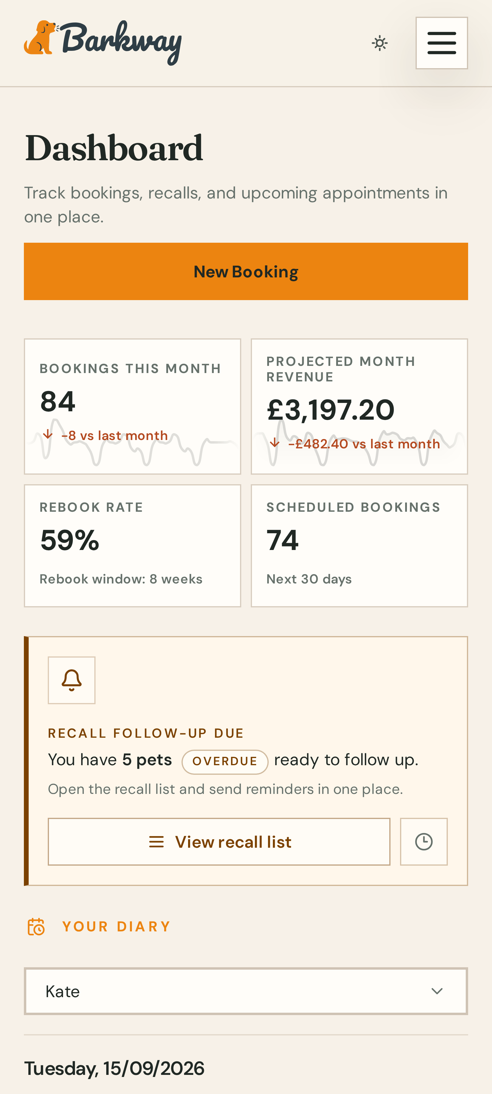 Barkway dashboard on mobile