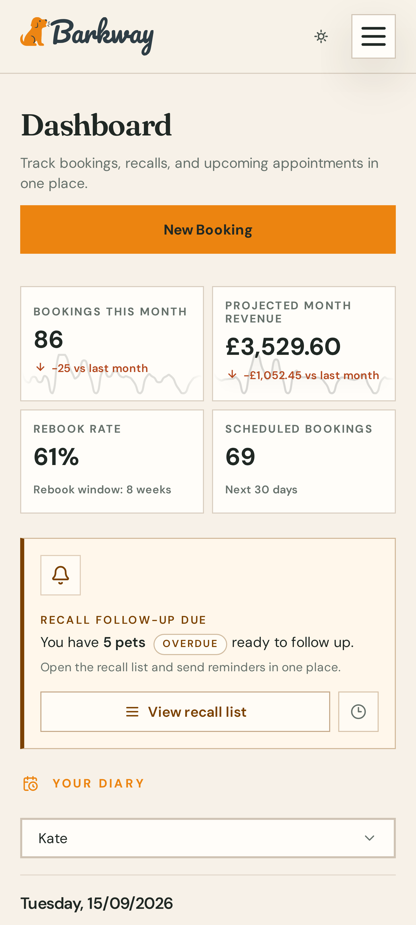 Barkway dashboard on mobile