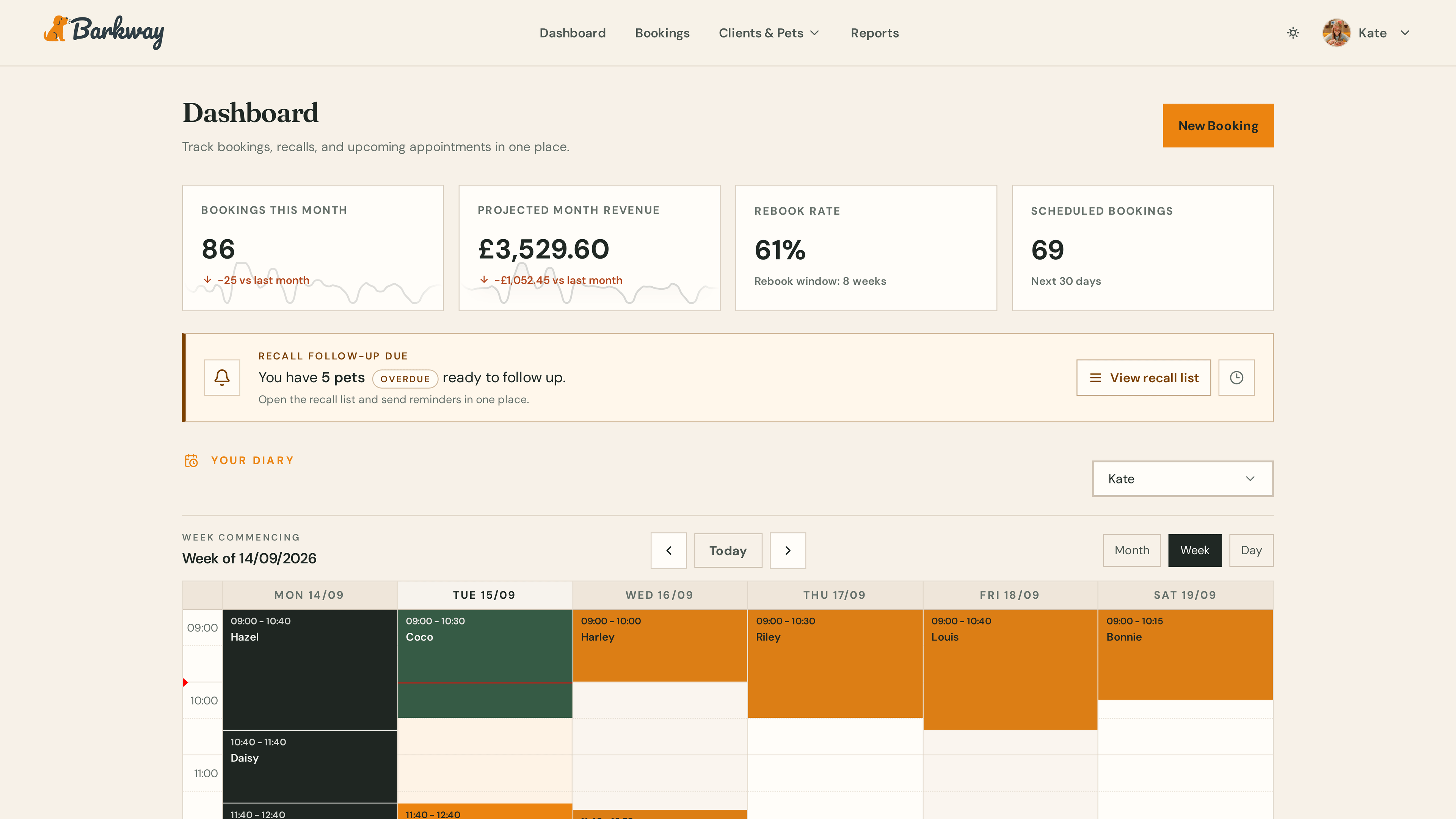 Barkway dashboard and calendar