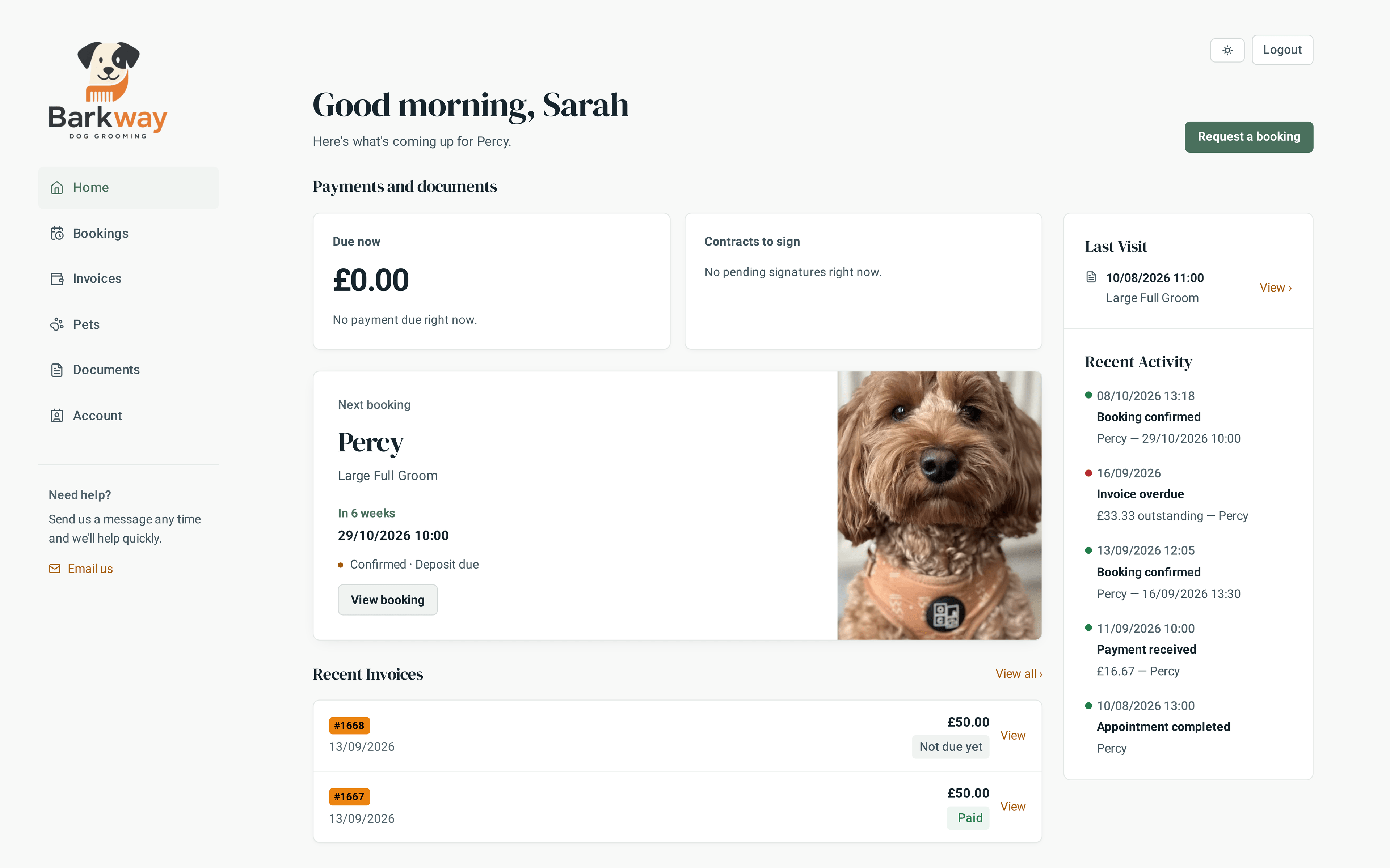 Barkway client portal dashboard with an upcoming appointment and client navigation