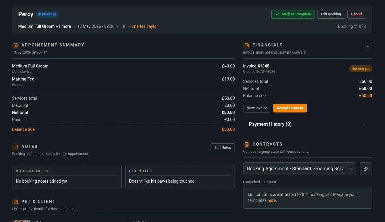 Barkway scheduler with appointment statuses