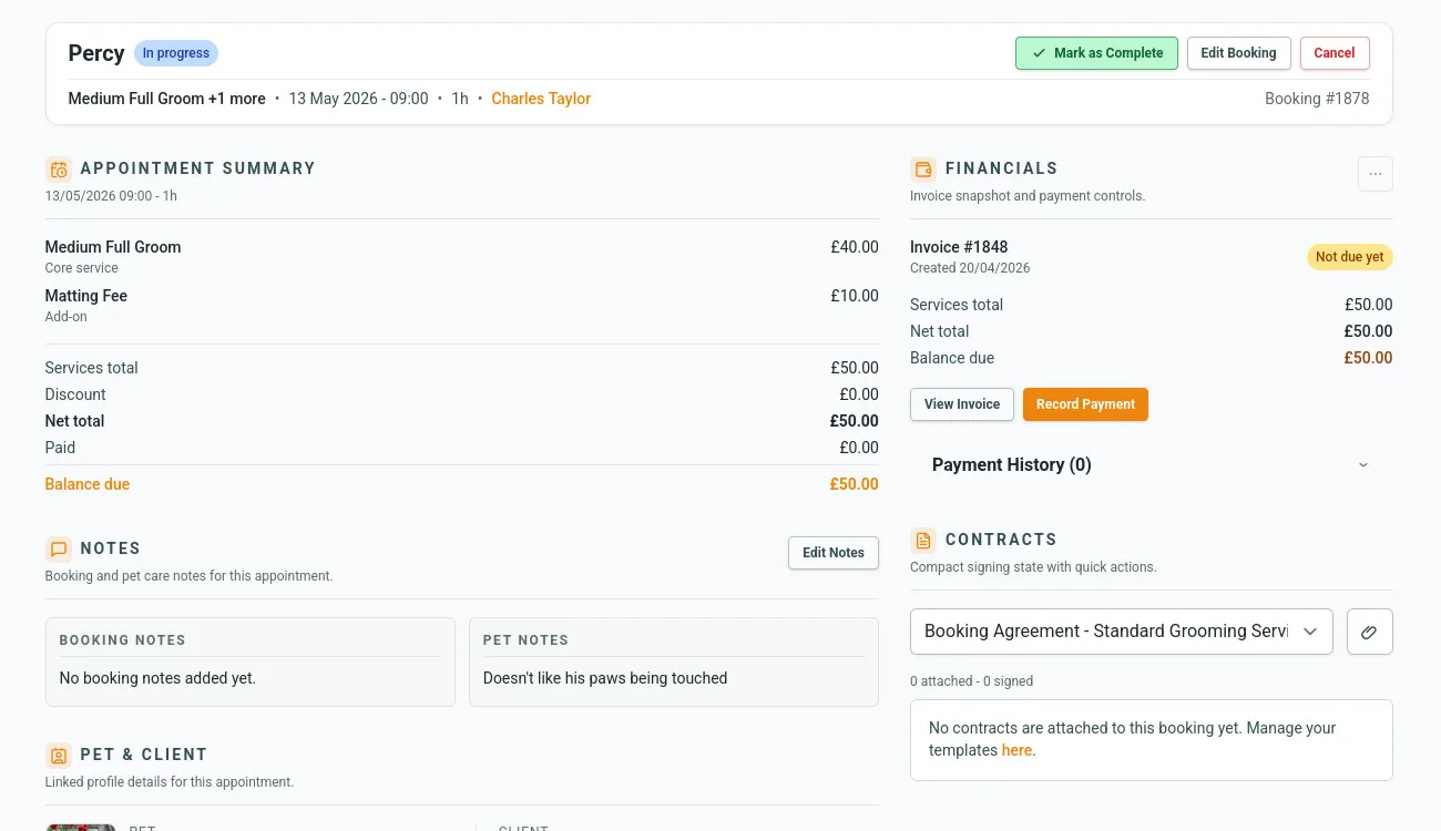Barkway scheduler with appointment statuses