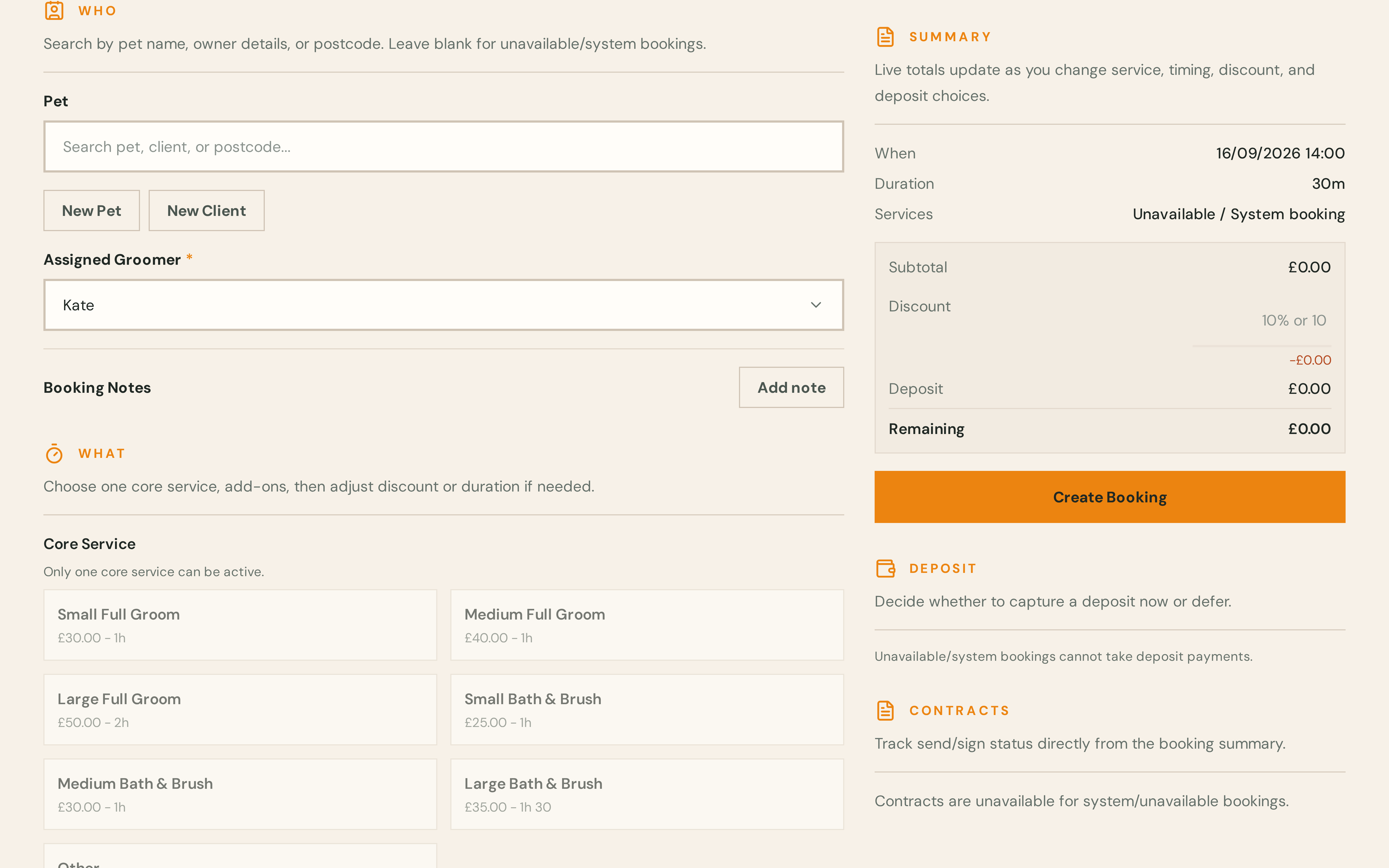 New booking with no pet selected, showing an unavailable or system booking in the summary
