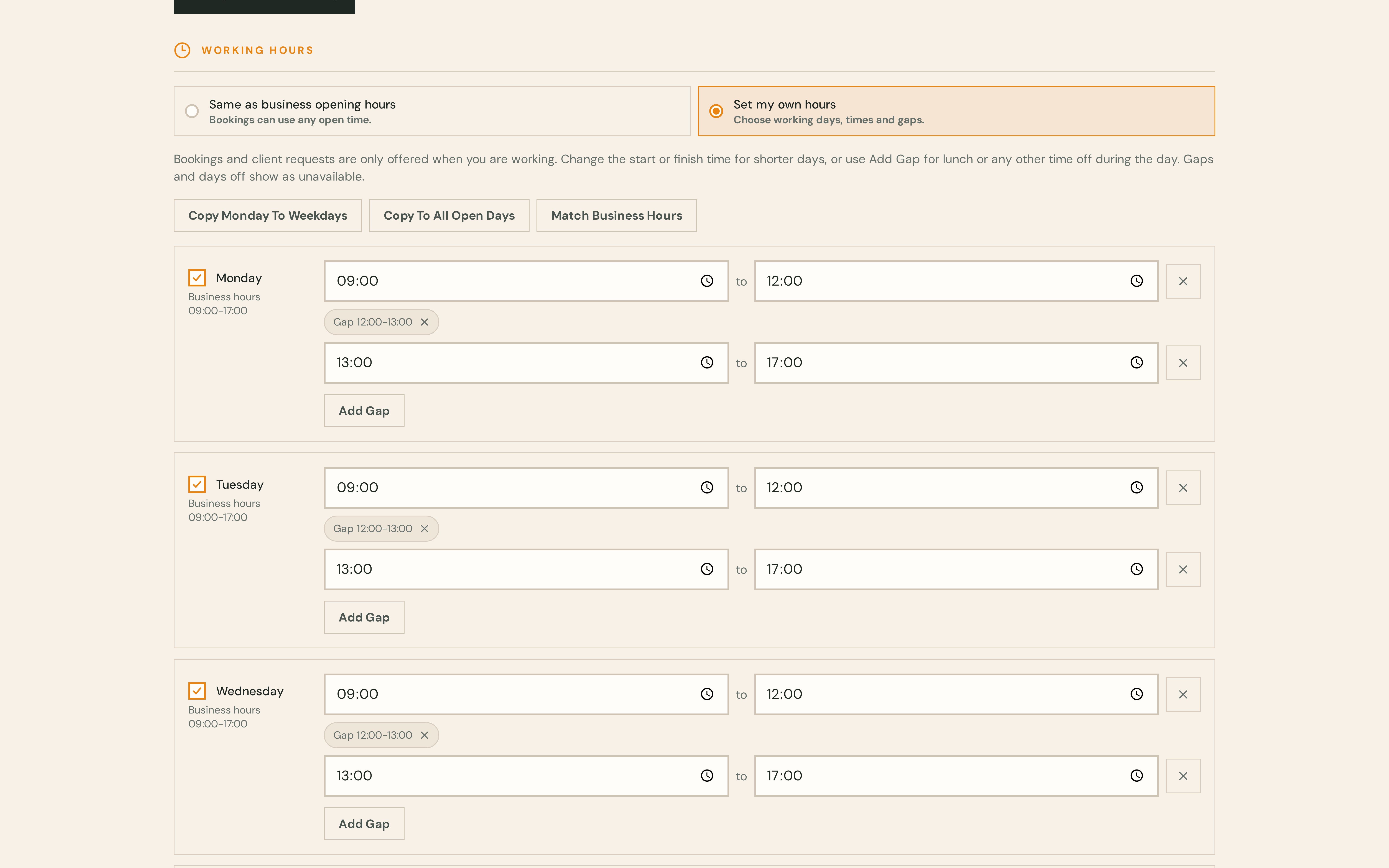 Working hours editor with custom hours and a gap