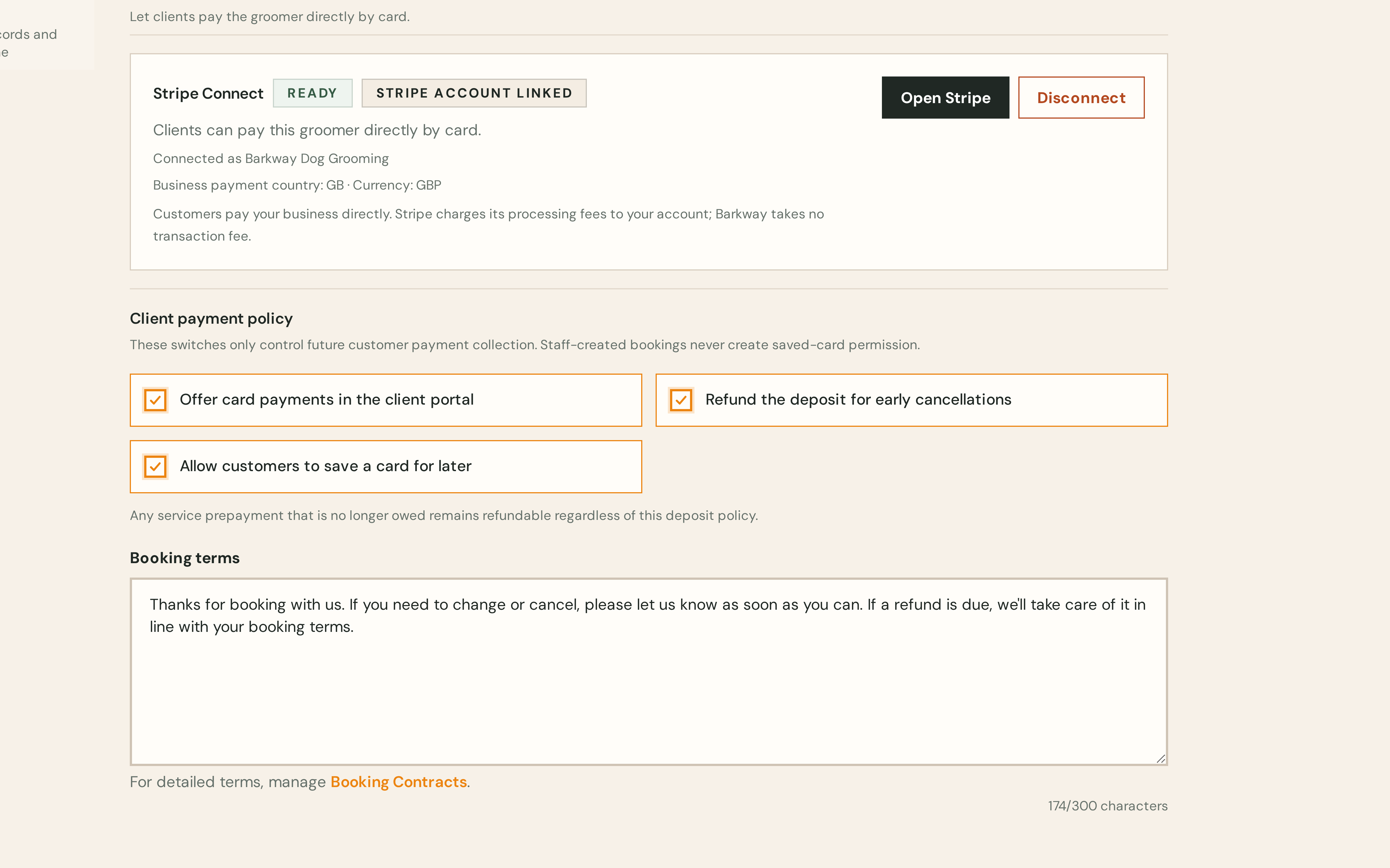 Card Payments settings showing a ready Stripe account with portal payments enabled